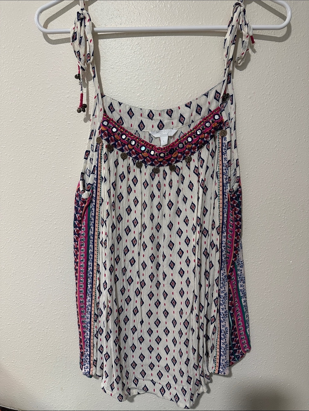 Monsoon White Boho Tie-Shoulder Camisole with Pink & Blue Accents
